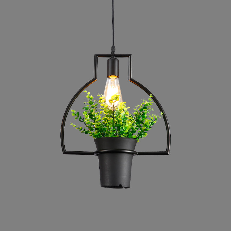 Vintage Geometric Hanging Lamp Single-Bulb Iron Lighting Pendant with Artificial Plant in Black Black G Clearhalo 'Art Deco Pendants' 'Black' 'Cast Iron' 'Ceiling Lights' 'Ceramic' 'Crystal' 'Industrial Pendants' 'Industrial' 'Metal' 'Middle Century Pendants' 'Pendant Lights' 'Pendants' 'Rustic Pendants' 'Tiffany' Lighting' 2063923