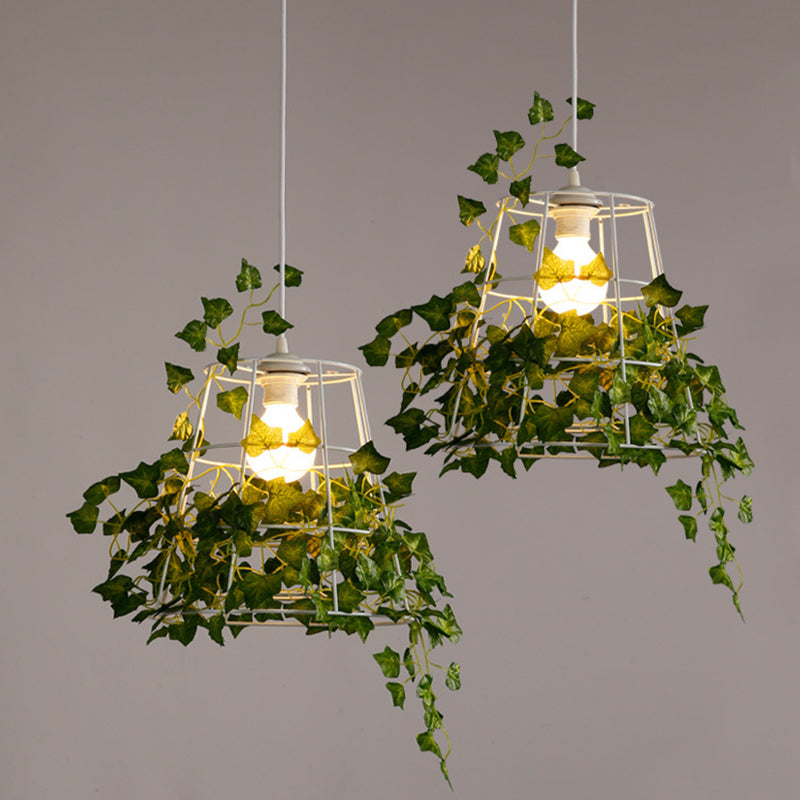 Iron Tapered Cage Suspension Lighting Retro 1 Head Dining Room Pendant Ceiling Light with Decorative Ivy in Green Green Clearhalo 'Art Deco Pendants' 'Cast Iron' 'Ceiling Lights' 'Ceramic' 'Crystal' 'Industrial' 'Metal' 'Pendant Lights' 'Tiffany' Lighting' 2063934