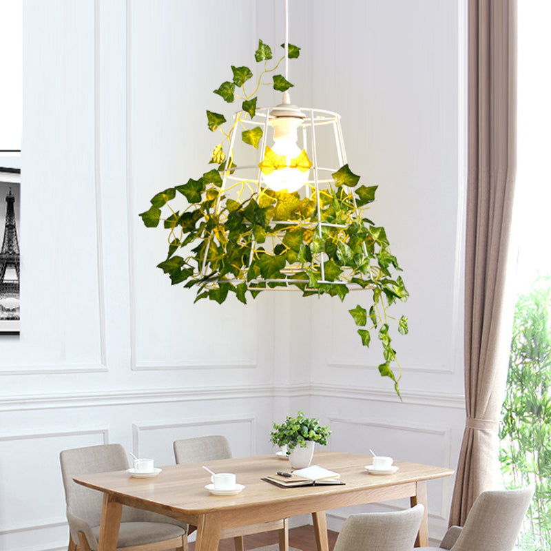 Iron Tapered Cage Suspension Lighting Retro 1��Head Dining Room Pendant Ceiling Light with Decorative Ivy in Green Clearhalo 'Ceiling Lights' 'Industrial Pendants' 'Industrial' 'Middle Century Pendants' 'Pendant Lights' 'Pendants' 'Tiffany' Lighting' 2063936