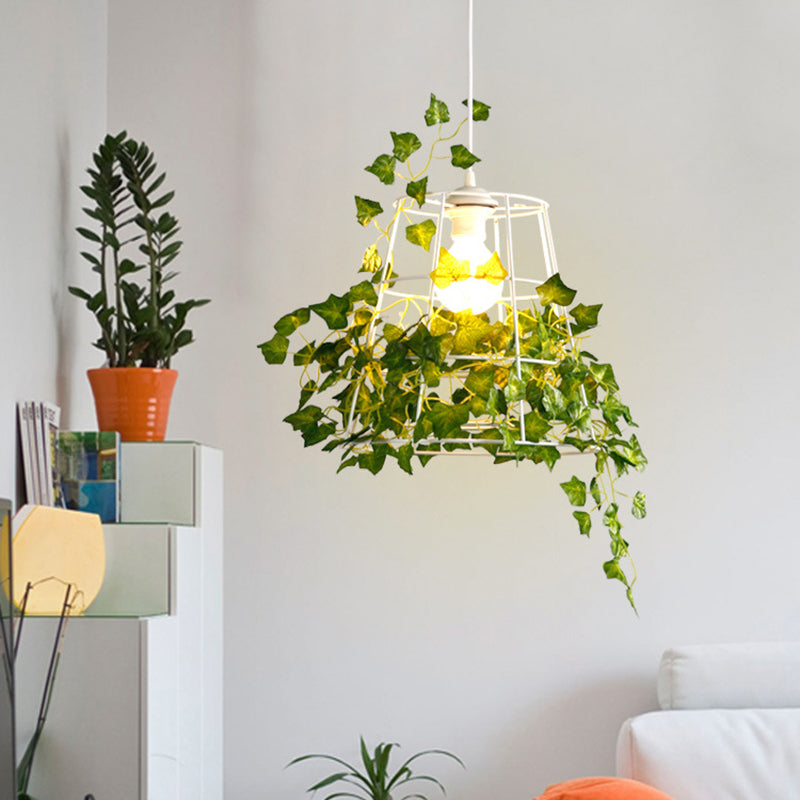 Iron Tapered Cage Suspension Lighting Retro 1��Head Dining Room Pendant Ceiling Light with Decorative Ivy in Green Clearhalo 'Ceiling Lights' 'Industrial Pendants' 'Industrial' 'Middle Century Pendants' 'Pendant Lights' 'Pendants' 'Tiffany' Lighting' 2063937