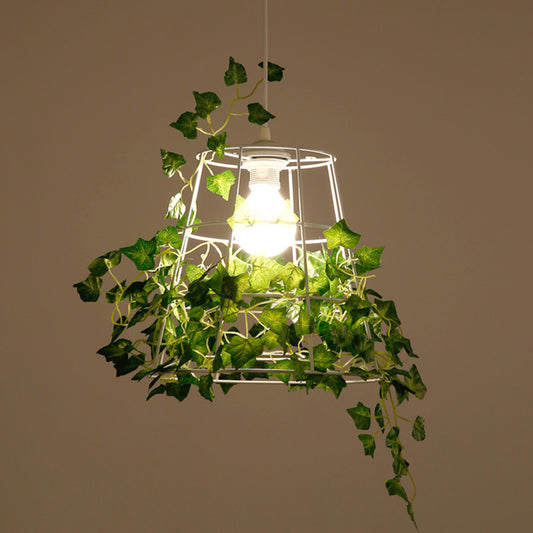 Iron Tapered Cage Suspension Lighting Retro 1��Head Dining Room Pendant Ceiling Light with Decorative Ivy in Green Clearhalo 'Ceiling Lights' 'Industrial Pendants' 'Industrial' 'Middle Century Pendants' 'Pendant Lights' 'Pendants' 'Tiffany' Lighting' 2063938
