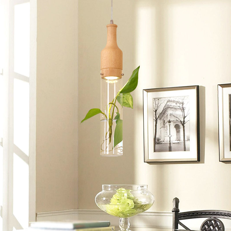 Simplicity Bottle Shaped Planter Ceiling Light Clear Glass Bedroom Hanging Pendant Light 1 Wood Round Clearhalo 'Ceiling Lights' 'Glass shade' 'Glass' 'Industrial Pendants' 'Industrial' 'Middle Century Pendants' 'Pendant Lights' 'Pendants' 'Tiffany' Lighting' 2063939