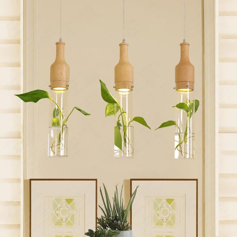 Simplicity Bottle Shaped Planter Ceiling Light Clear Glass Bedroom Hanging Pendant Light 3 Wood Linear Clearhalo 'Ceiling Lights' 'Glass shade' 'Glass' 'Industrial Pendants' 'Industrial' 'Middle Century Pendants' 'Pendant Lights' 'Pendants' 'Tiffany' Lighting' 2063940