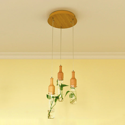Simplicity Bottle Shaped Planter Ceiling Light Clear Glass Bedroom Hanging Pendant Light 3 Wood Round Clearhalo 'Ceiling Lights' 'Glass shade' 'Glass' 'Industrial Pendants' 'Industrial' 'Middle Century Pendants' 'Pendant Lights' 'Pendants' 'Tiffany' Lighting' 2063942