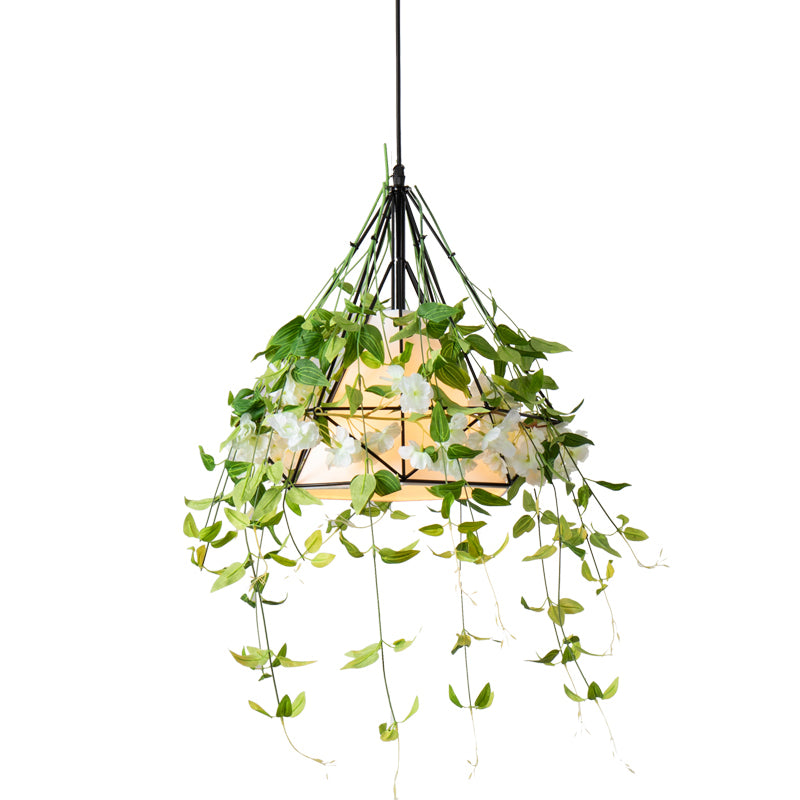 Diamond Iron Plant Pendant Light Antique Single Restaurant Hanging Light with Tapered Fabric Shade in Green Clearhalo 'Art Deco Pendants' 'Cast Iron' 'Ceiling Lights' 'Ceramic' 'Crystal' 'Industrial Pendants' 'Industrial' 'Metal' 'Middle Century Pendants' 'Pendant Lights' 'Pendants' 'Tiffany' Lighting' 2063958