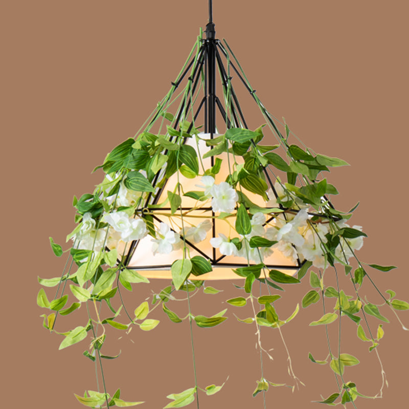 Diamond Iron Plant Pendant Light Antique Single Restaurant Hanging Light with Tapered Fabric Shade in Green Clearhalo 'Art Deco Pendants' 'Cast Iron' 'Ceiling Lights' 'Ceramic' 'Crystal' 'Industrial Pendants' 'Industrial' 'Metal' 'Middle Century Pendants' 'Pendant Lights' 'Pendants' 'Tiffany' Lighting' 2063959