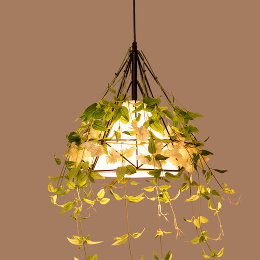 Diamond Iron Plant Pendant Light Antique Single Restaurant Hanging Light with Tapered Fabric Shade in Green Clearhalo 'Art Deco Pendants' 'Cast Iron' 'Ceiling Lights' 'Ceramic' 'Crystal' 'Industrial Pendants' 'Industrial' 'Metal' 'Middle Century Pendants' 'Pendant Lights' 'Pendants' 'Tiffany' Lighting' 2063960