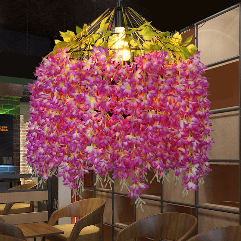 Iron Birdcage Hanging Light Rustic 1 Bulb Restaurant Pendant Light Fixture with Artificial Flower Purple-Red Clearhalo 'Art Deco Pendants' 'Cast Iron' 'Ceiling Lights' 'Ceramic' 'Crystal' 'Industrial' 'Metal' 'Pendant Lights' 'Tiffany' Lighting' 2063961