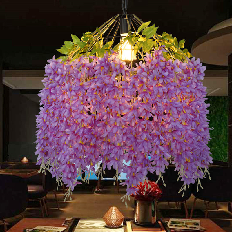 Iron Birdcage Hanging Light Rustic 1��Bulb Restaurant Pendant Light Fixture with Artificial Flower Purple Clearhalo 'Ceiling Lights' 'Industrial Pendants' 'Industrial' 'Middle Century Pendants' 'Pendant Lights' 'Pendants' 'Tiffany' Lighting' 2063962_dd4b8606-19a5-43e3-bdf4-b2e5bce39dcd