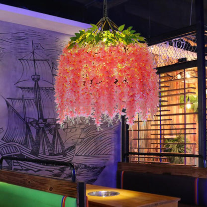 Iron Birdcage Hanging Light Rustic 1 Bulb Restaurant Pendant Light Fixture with Artificial Flower Pink Clearhalo 'Art Deco Pendants' 'Cast Iron' 'Ceiling Lights' 'Ceramic' 'Crystal' 'Industrial' 'Metal' 'Pendant Lights' 'Tiffany' Lighting' 2063964