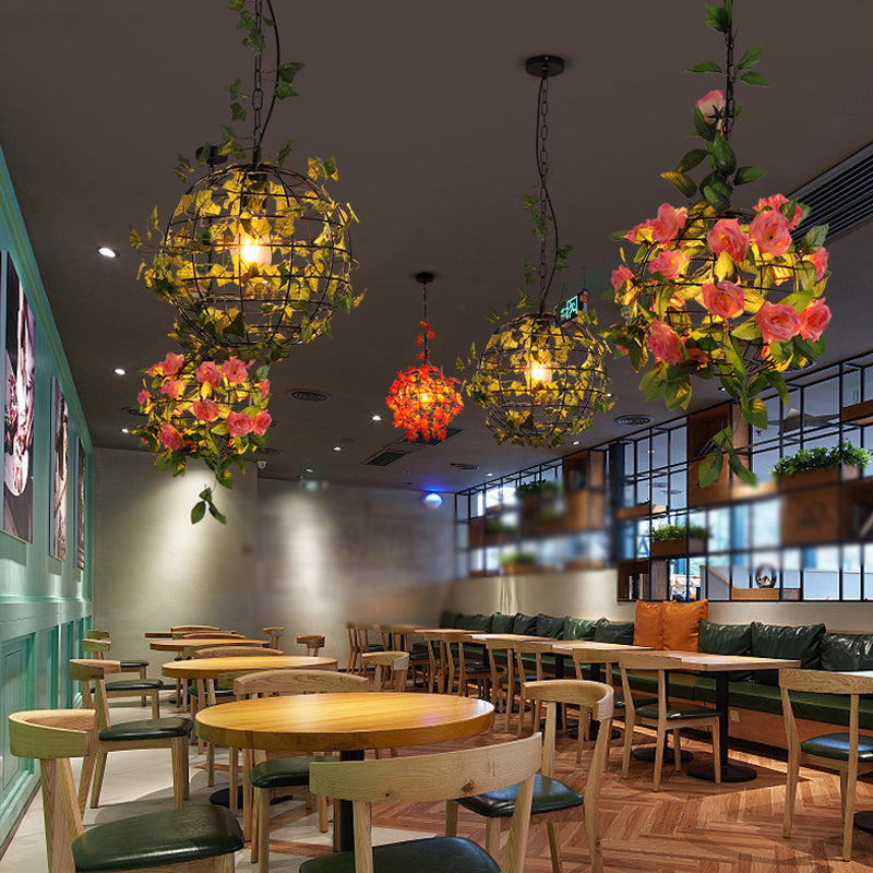 Industrial Globe Ceiling Light Single Iron Hanging Pendant Light with Artificial Plant Clearhalo 'Art Deco Pendants' 'Cast Iron' 'Ceiling Lights' 'Ceramic' 'Crystal' 'Industrial Pendants' 'Industrial' 'Metal' 'Middle Century Pendants' 'Pendant Lights' 'Pendants' 'Tiffany' Lighting' 2063975