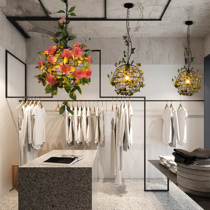 Industrial Globe Ceiling Light Single Iron Hanging Pendant Light with Artificial Plant Clearhalo 'Art Deco Pendants' 'Cast Iron' 'Ceiling Lights' 'Ceramic' 'Crystal' 'Industrial Pendants' 'Industrial' 'Metal' 'Middle Century Pendants' 'Pendant Lights' 'Pendants' 'Tiffany' Lighting' 2063976