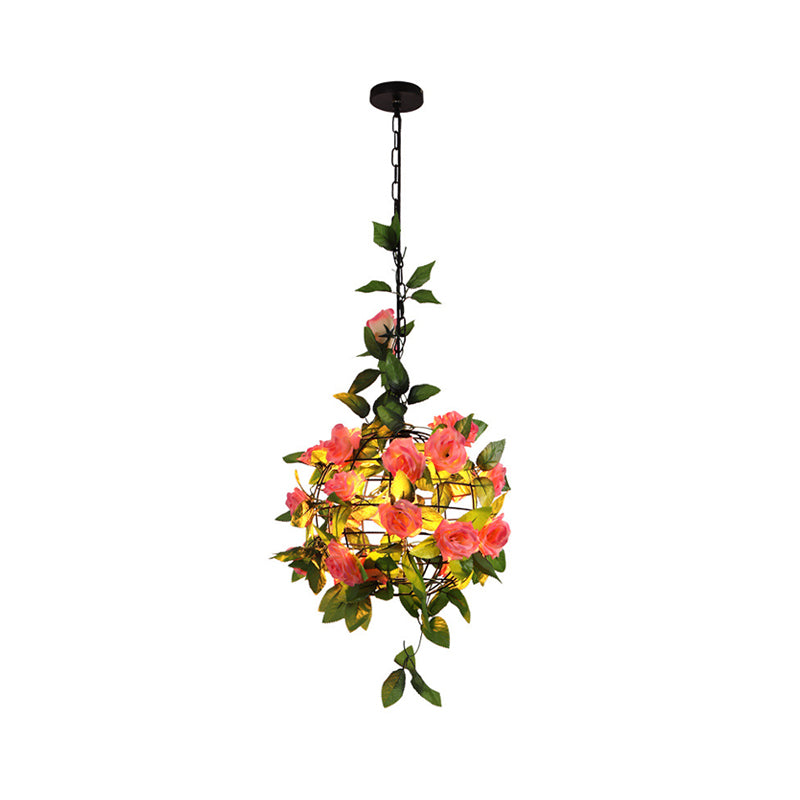 Industrial Globe Ceiling Light Single Iron Hanging Pendant Light with Artificial Plant Pink-Green Clearhalo 'Art Deco Pendants' 'Cast Iron' 'Ceiling Lights' 'Ceramic' 'Crystal' 'Industrial Pendants' 'Industrial' 'Metal' 'Middle Century Pendants' 'Pendant Lights' 'Pendants' 'Tiffany' Lighting' 2063977
