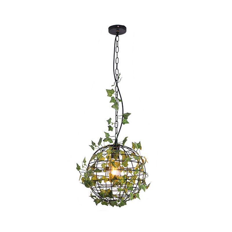 Industrial Globe Ceiling Light Single Iron Hanging Pendant Light with Artificial Plant Green Clearhalo 'Art Deco Pendants' 'Cast Iron' 'Ceiling Lights' 'Ceramic' 'Crystal' 'Industrial Pendants' 'Industrial' 'Metal' 'Middle Century Pendants' 'Pendant Lights' 'Pendants' 'Tiffany' Lighting' 2063980