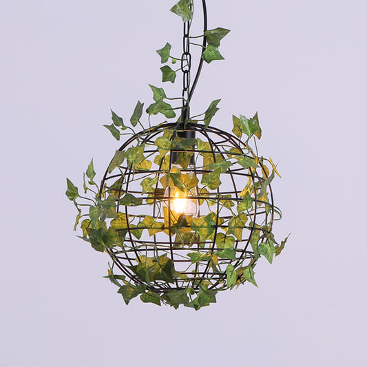 Industrial Globe Ceiling Light Single Iron Hanging Pendant Light with Artificial Plant Clearhalo 'Art Deco Pendants' 'Cast Iron' 'Ceiling Lights' 'Ceramic' 'Crystal' 'Industrial Pendants' 'Industrial' 'Metal' 'Middle Century Pendants' 'Pendant Lights' 'Pendants' 'Tiffany' Lighting' 2063981
