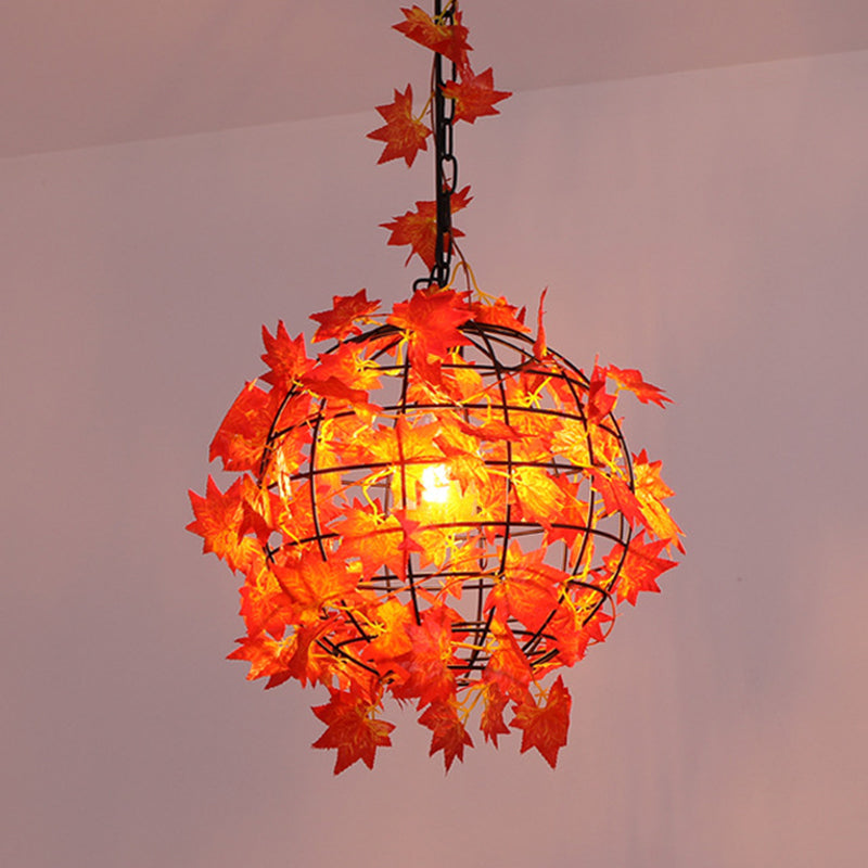 Industrial Globe Ceiling Light Single Iron Hanging Pendant Light with Artificial Plant Clearhalo 'Art Deco Pendants' 'Cast Iron' 'Ceiling Lights' 'Ceramic' 'Crystal' 'Industrial Pendants' 'Industrial' 'Metal' 'Middle Century Pendants' 'Pendant Lights' 'Pendants' 'Tiffany' Lighting' 2063983