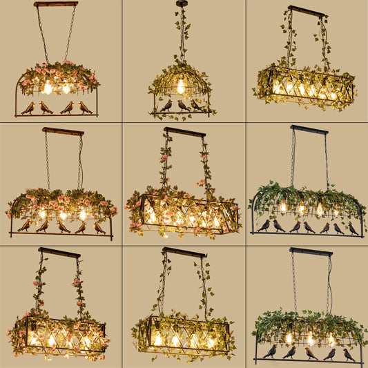 Bird Cage Iron Hanging Light Vintage Restaurant Island Pendant Light with Decorative Plant - Clearhalo - 'Ceiling Lights' - 'Island Lights' - Lighting' - 2063984
