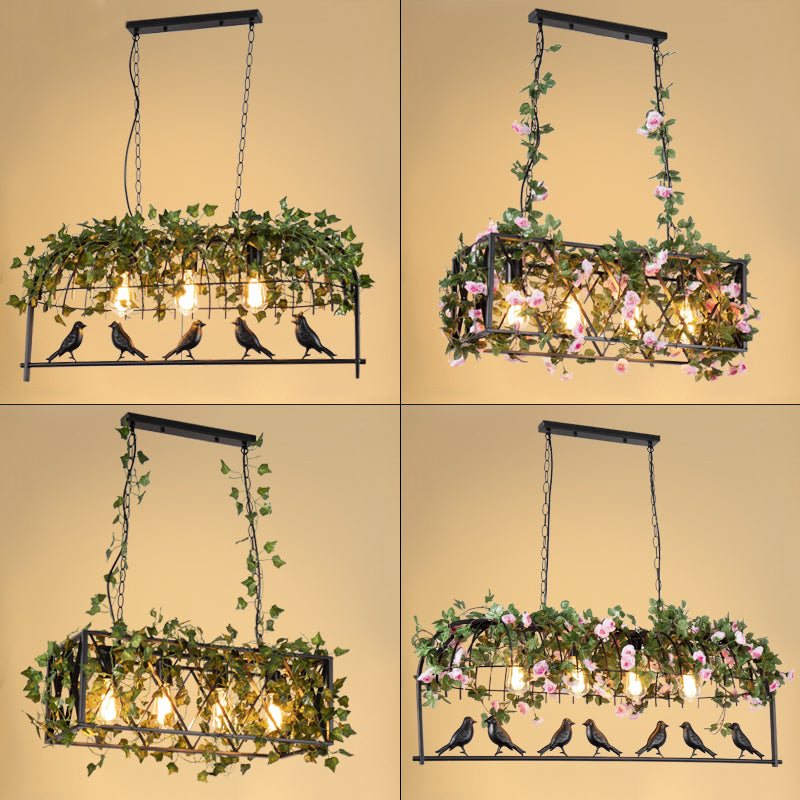 Bird Cage Iron Hanging Light Vintage Restaurant Island Pendant Light with Decorative Plant Clearhalo 'Ceiling Lights' 'Island Lights' Lighting' 2063985