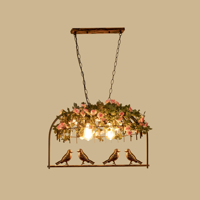 Bird Cage Iron Hanging Light Vintage Restaurant Island Pendant Light with Decorative Plant 2 Rust Clearhalo 'Ceiling Lights' 'Island Lights' Lighting' 2063986