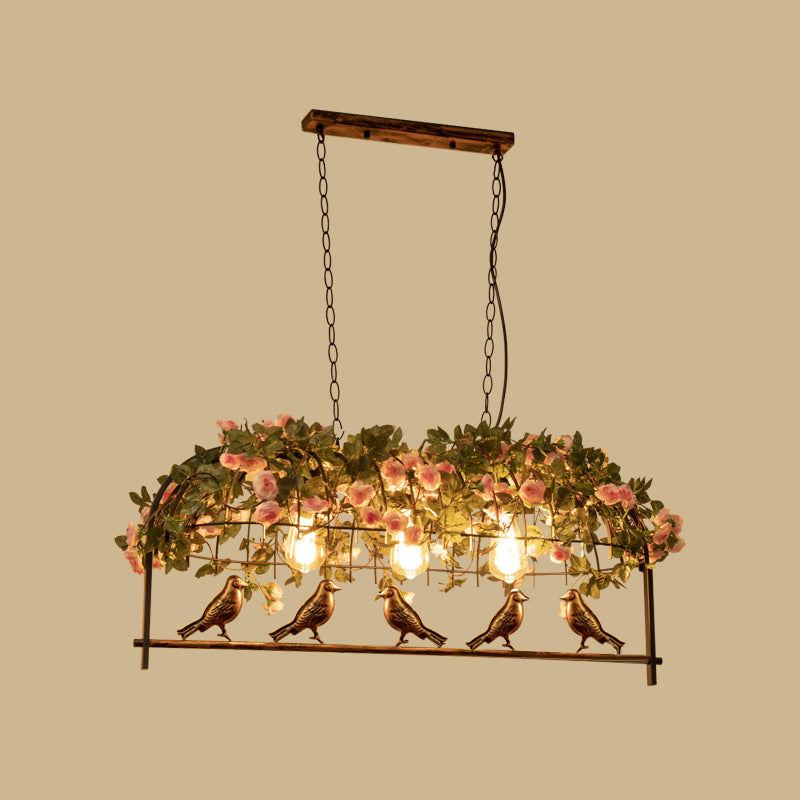 Bird Cage Iron Hanging Light Vintage Restaurant Island Pendant Light with Decorative Plant 3 Rust Clearhalo 'Ceiling Lights' 'Island Lights' Lighting' 2063987