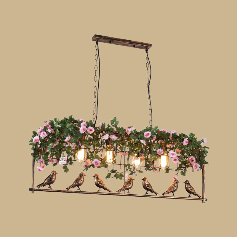 Bird Cage Iron Hanging Light Vintage Restaurant Island Pendant Light with Decorative Plant 4 Rust Clearhalo 'Ceiling Lights' 'Island Lights' Lighting' 2063988