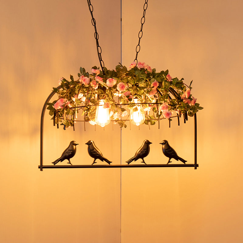 Bird Cage Iron Hanging Light Vintage Restaurant Island Pendant Light with Decorative Plant Clearhalo 'Ceiling Lights' 'Island Lights' Lighting' 2063991