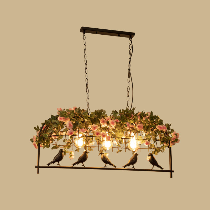 Bird Cage Iron Hanging Light Vintage Restaurant Island Pendant Light with Decorative Plant 3 Black Clearhalo 'Ceiling Lights' 'Island Lights' Lighting' 2063992