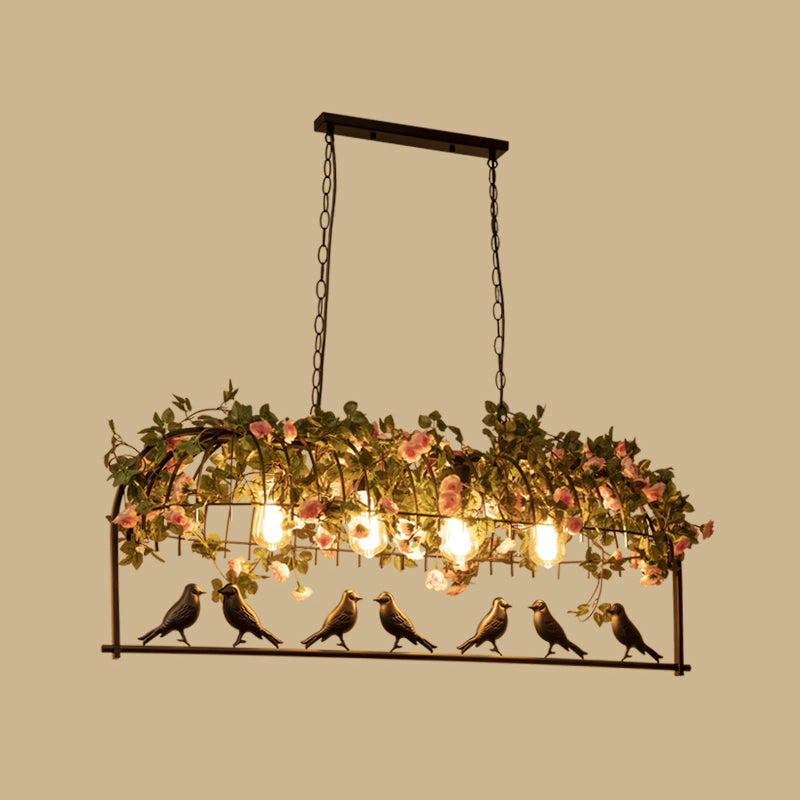 Bird Cage Iron Hanging Light Vintage Restaurant Island Pendant Light with Decorative Plant 4 Black Clearhalo 'Ceiling Lights' 'Island Lights' Lighting' 2063993