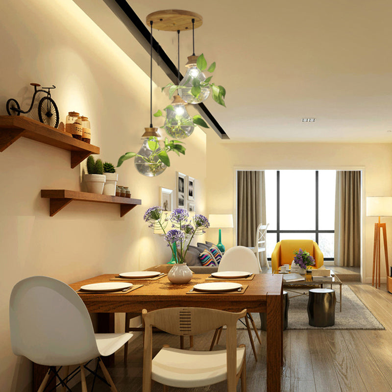 Clear Glass Bulb Shaped Suspension Lighting Rustic 3 Heads Restaurant Planter Multi Lamp Pendant Light 3 Wood Round Clearhalo 'Ceiling Lights' 'Close To Ceiling Lights' 'Glass shade' 'Glass' 'Industrial Pendants' 'Industrial' 'Middle Century Pendants' 'Pendant Lights' 'Pendants' 'Tiffany' Lighting' 2064001