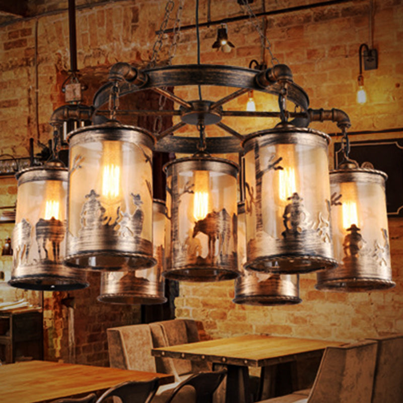 Antique Bronze Cylinder Shade Chandelier Lamp Coastal Metal and Fabric 5/7 Lights Living Room Hanging Light 7 Antique Bronze Clearhalo 'Cast Iron' 'Ceiling Lights' 'Chandeliers' 'Industrial Chandeliers' 'Industrial' 'Metal' 'Middle Century Chandeliers' 'Rustic Chandeliers' 'Tiffany' Lighting' 206401