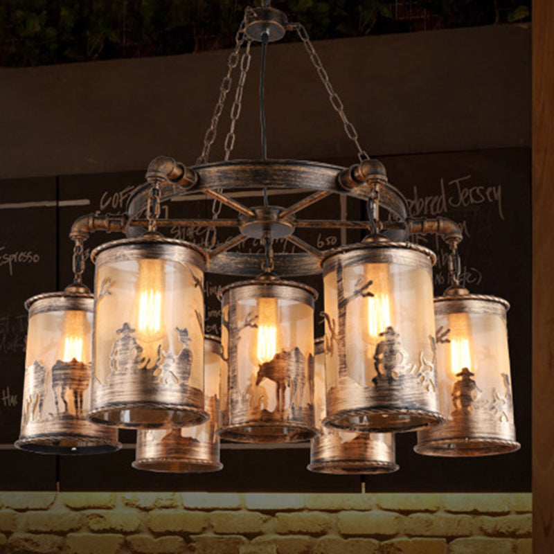 Antique Bronze Cylinder Shade Chandelier Lamp Coastal Metal and Fabric 5/7 Lights Living Room Hanging Light Clearhalo 'Cast Iron' 'Ceiling Lights' 'Chandeliers' 'Industrial Chandeliers' 'Industrial' 'Metal' 'Middle Century Chandeliers' 'Rustic Chandeliers' 'Tiffany' Lighting' 206402