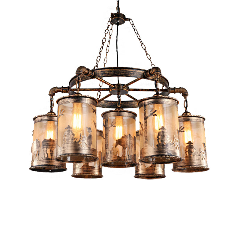 Antique Bronze Cylinder Shade Chandelier Lamp Coastal Metal and Fabric 5/7 Lights Living Room Hanging Light Clearhalo 'Cast Iron' 'Ceiling Lights' 'Chandeliers' 'Industrial Chandeliers' 'Industrial' 'Metal' 'Middle Century Chandeliers' 'Rustic Chandeliers' 'Tiffany' Lighting' 206403