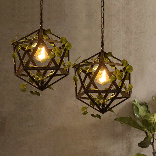 Iron Polyhedron Cage Pendant Light Antique Single Restaurant Plant Hanging Light Fixture in Black Clearhalo 'Art Deco Pendants' 'Black' 'Cast Iron' 'Ceiling Lights' 'Ceramic' 'Crystal' 'Industrial Pendants' 'Industrial' 'Metal' 'Middle Century Pendants' 'Pendant Lights' 'Pendants' 'Rustic Pendants' 'Tiffany' Lighting' 2064031