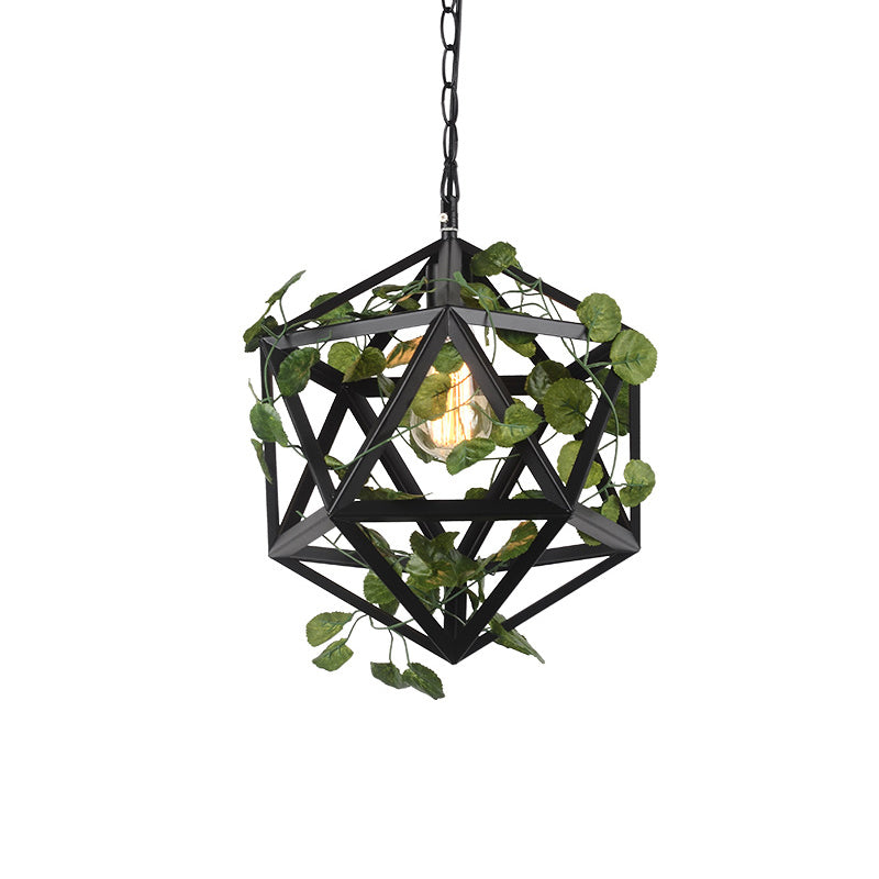 Iron Polyhedron Cage Pendant Light Antique Single Restaurant Plant Hanging Light Fixture in Black Clearhalo 'Art Deco Pendants' 'Black' 'Cast Iron' 'Ceiling Lights' 'Ceramic' 'Crystal' 'Industrial Pendants' 'Industrial' 'Metal' 'Middle Century Pendants' 'Pendant Lights' 'Pendants' 'Rustic Pendants' 'Tiffany' Lighting' 2064034