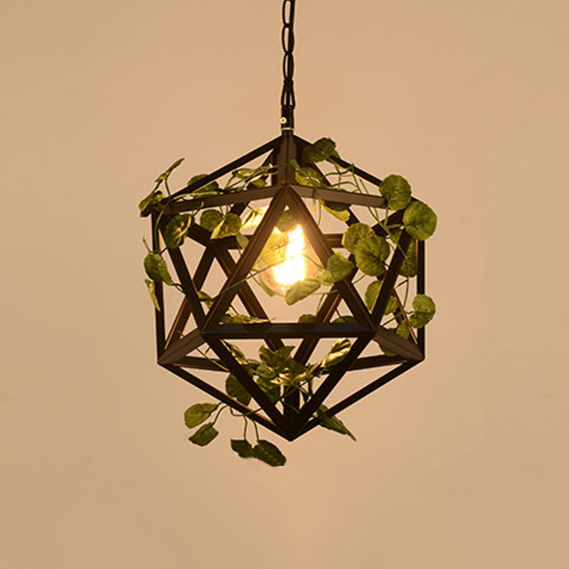 Iron Polyhedron Cage Pendant Light Antique Single Restaurant Plant Hanging Light Fixture in Black Clearhalo 'Art Deco Pendants' 'Black' 'Cast Iron' 'Ceiling Lights' 'Ceramic' 'Crystal' 'Industrial Pendants' 'Industrial' 'Metal' 'Middle Century Pendants' 'Pendant Lights' 'Pendants' 'Rustic Pendants' 'Tiffany' Lighting' 2064035