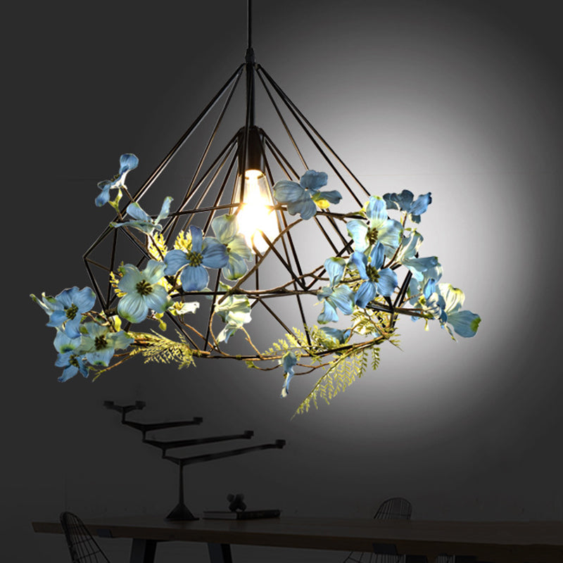 Blue-White Diamond Hanging Light Rustic Metallic 1��Bulb Restaurant Pendant Light Fixture with Artificial Flower Blue-White Clearhalo 'Ceiling Lights' 'Industrial Pendants' 'Industrial' 'Middle Century Pendants' 'Pendant Lights' 'Pendants' 'Tiffany' Lighting' 2064036_53e44f53-991f-4954-aa70-6fe269722ad1