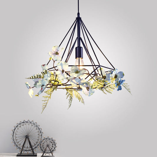 Blue-White Diamond Hanging Light Rustic Metallic 1��Bulb Restaurant Pendant Light Fixture with Artificial Flower Clearhalo 'Ceiling Lights' 'Industrial Pendants' 'Industrial' 'Middle Century Pendants' 'Pendant Lights' 'Pendants' 'Tiffany' Lighting' 2064037_42904c4f-c9ca-4870-afab-84f998075fab