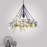 Blue-White Diamond Hanging Light Rustic Metallic 1 Bulb Restaurant Pendant Light Fixture with Artificial Flower Clearhalo 'Art Deco Pendants' 'Cast Iron' 'Ceiling Lights' 'Ceramic' 'Crystal' 'Industrial' 'Metal' 'Pendant Lights' 'Tiffany' Lighting' 2064037
