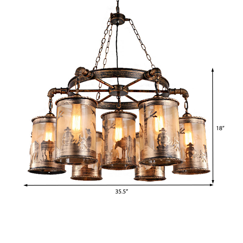 Antique Bronze Cylinder Shade Chandelier Lamp Coastal Metal and Fabric 5/7 Lights Living Room Hanging Light Clearhalo 'Cast Iron' 'Ceiling Lights' 'Chandeliers' 'Industrial Chandeliers' 'Industrial' 'Metal' 'Middle Century Chandeliers' 'Rustic Chandeliers' 'Tiffany' Lighting' 206404