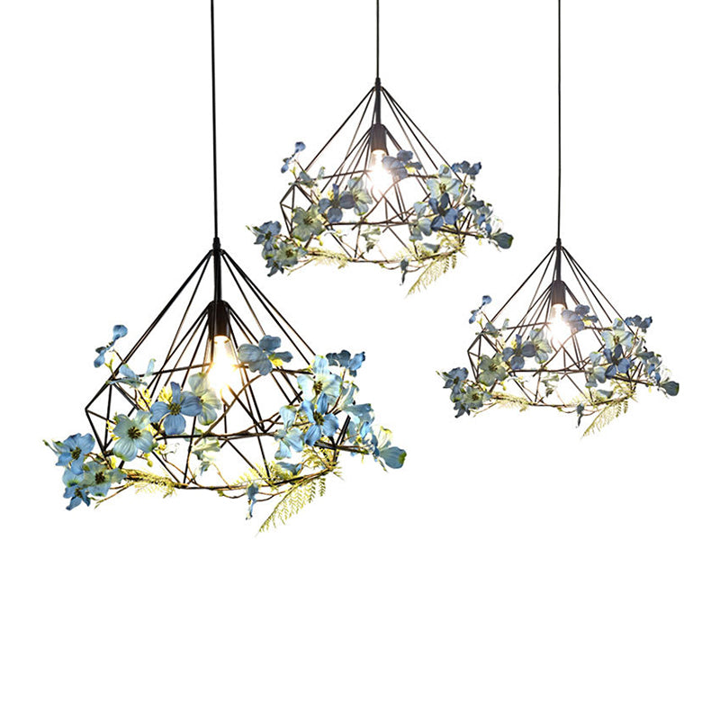 Blue-White Diamond Hanging Light Rustic Metallic 1��Bulb Restaurant Pendant Light Fixture with Artificial Flower Clearhalo 'Ceiling Lights' 'Industrial Pendants' 'Industrial' 'Middle Century Pendants' 'Pendant Lights' 'Pendants' 'Tiffany' Lighting' 2064040