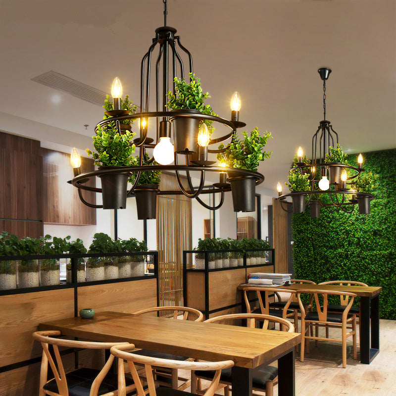 Candelabra Restaurant Hanging Lamp Vintage Iron 7 Heads Black Chandelier Pendant Light with Artificial Potted Plant Clearhalo 'Cast Iron' 'Ceiling Lights' 'Chandeliers' 'Industrial Chandeliers' 'Industrial' 'Metal' 'Middle Century Chandeliers' 'Rustic Chandeliers' 'Tiffany' Lighting' 2064048