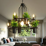 Candelabra Restaurant Hanging Lamp Vintage Iron 7 Heads Black Chandelier Pendant Light with Artificial Potted Plant Black Clearhalo 'Cast Iron' 'Ceiling Lights' 'Chandeliers' 'Industrial Chandeliers' 'Industrial' 'Metal' 'Middle Century Chandeliers' 'Rustic Chandeliers' 'Tiffany' Lighting' 2064049