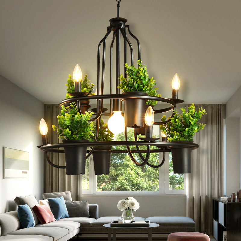 Candelabra Restaurant Hanging Lamp Vintage Iron 7 Heads Black Chandelier Pendant Light with Artificial Potted Plant Clearhalo 'Cast Iron' 'Ceiling Lights' 'Chandeliers' 'Industrial Chandeliers' 'Industrial' 'Metal' 'Middle Century Chandeliers' 'Rustic Chandeliers' 'Tiffany' Lighting' 2064050