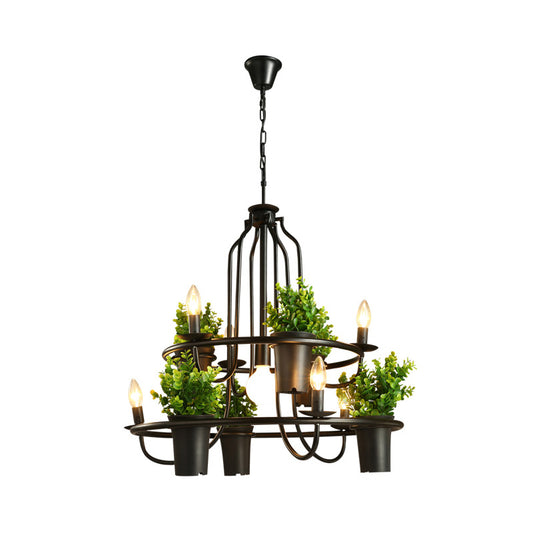 Candelabra Restaurant Hanging Lamp Vintage Iron 7 Heads Black Chandelier Pendant Light with Artificial Potted Plant Clearhalo 'Cast Iron' 'Ceiling Lights' 'Chandeliers' 'Industrial Chandeliers' 'Industrial' 'Metal' 'Middle Century Chandeliers' 'Rustic Chandeliers' 'Tiffany' Lighting' 2064052