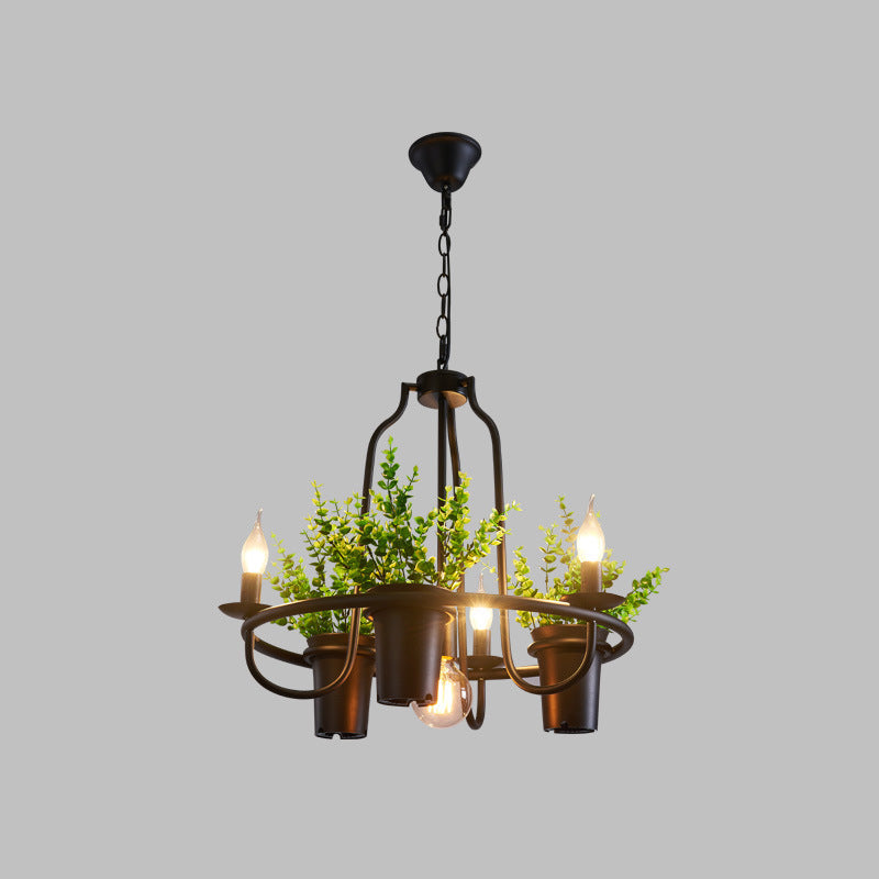 Candelabra Restaurant Hanging Lamp Vintage Iron 7 Heads Black Chandelier Pendant Light with Artificial Potted Plant Clearhalo 'Cast Iron' 'Ceiling Lights' 'Chandeliers' 'Industrial Chandeliers' 'Industrial' 'Metal' 'Middle Century Chandeliers' 'Rustic Chandeliers' 'Tiffany' Lighting' 2064054