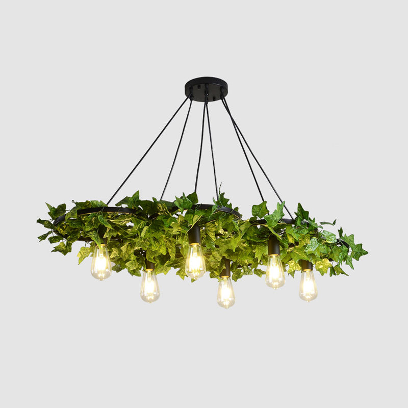 Green Chandelier Light Antique Iron Wagon Wheel Ceiling Lighting with Plant Decor for Restaurant 6 Green Clearhalo 'Cast Iron' 'Ceiling Lights' 'Chandeliers' 'Industrial Chandeliers' 'Industrial' 'Metal' 'Middle Century Chandeliers' 'Rustic Chandeliers' 'Tiffany' Lighting' 2064055