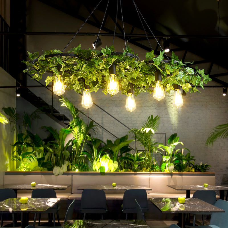 Green Chandelier Light Antique Iron Wagon Wheel Ceiling Lighting with Plant Decor for Restaurant Clearhalo 'Cast Iron' 'Ceiling Lights' 'Chandeliers' 'Industrial Chandeliers' 'Industrial' 'Metal' 'Middle Century Chandeliers' 'Rustic Chandeliers' 'Tiffany' Lighting' 2064056