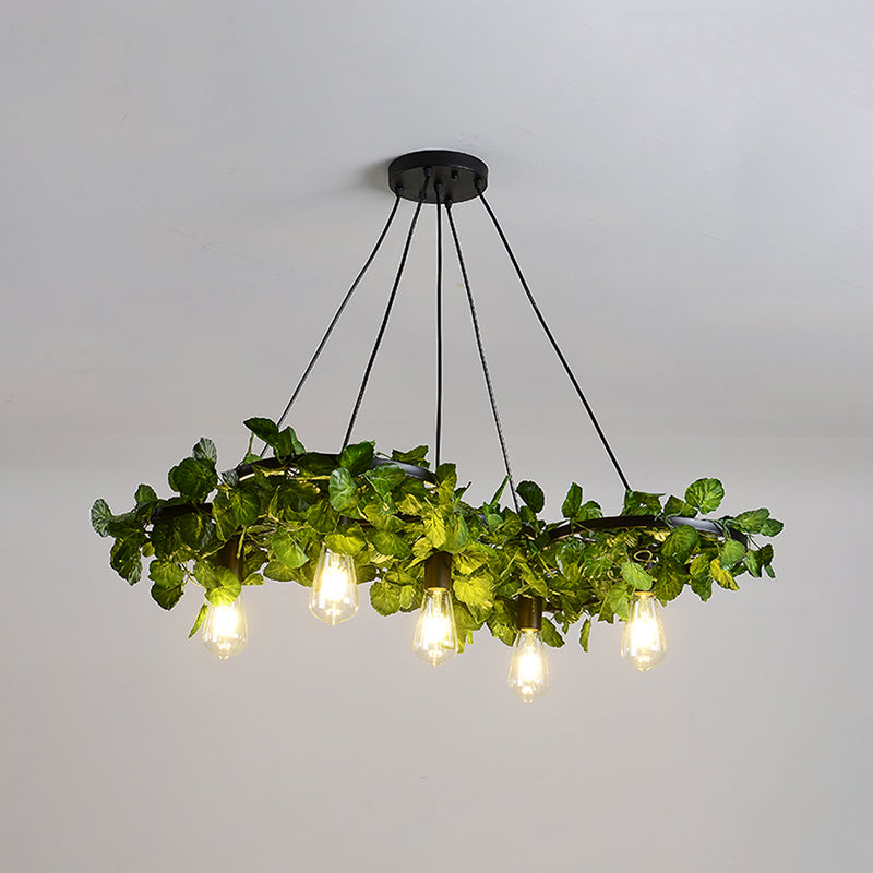 Green Chandelier Light Antique Iron Wagon Wheel Ceiling Lighting with Plant Decor for Restaurant 5 Green Clearhalo 'Cast Iron' 'Ceiling Lights' 'Chandeliers' 'Industrial Chandeliers' 'Industrial' 'Metal' 'Middle Century Chandeliers' 'Rustic Chandeliers' 'Tiffany' Lighting' 2064057