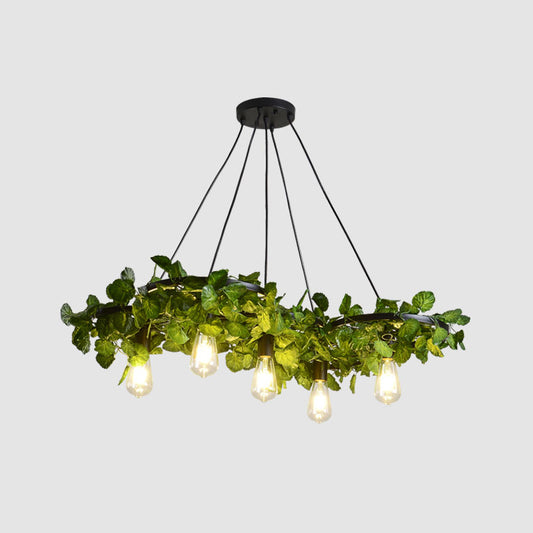 Green Chandelier Light Antique Iron Wagon Wheel Ceiling Lighting with Plant Decor for Restaurant Clearhalo 'Cast Iron' 'Ceiling Lights' 'Chandeliers' 'Industrial Chandeliers' 'Industrial' 'Metal' 'Middle Century Chandeliers' 'Rustic Chandeliers' 'Tiffany' Lighting' 2064058