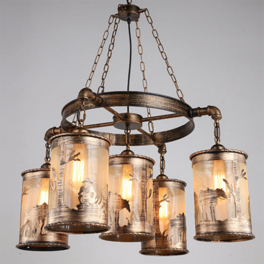 Antique Bronze Cylinder Shade Chandelier Lamp Coastal Metal and Fabric 5/7 Lights Living Room Hanging Light 5 Antique Bronze Clearhalo 'Cast Iron' 'Ceiling Lights' 'Chandeliers' 'Industrial Chandeliers' 'Industrial' 'Metal' 'Middle Century Chandeliers' 'Rustic Chandeliers' 'Tiffany' Lighting' 206405